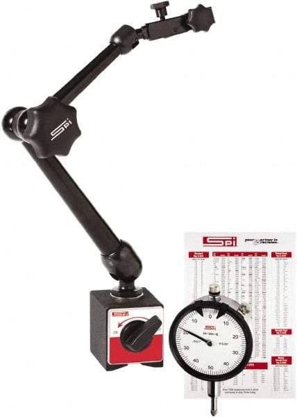 SPI - 0.001" Graduation, Dial Indicator & Base Kit - 2.36" Base Length x 2" Base Width x 2.17" Base Height - Caliber Tooling