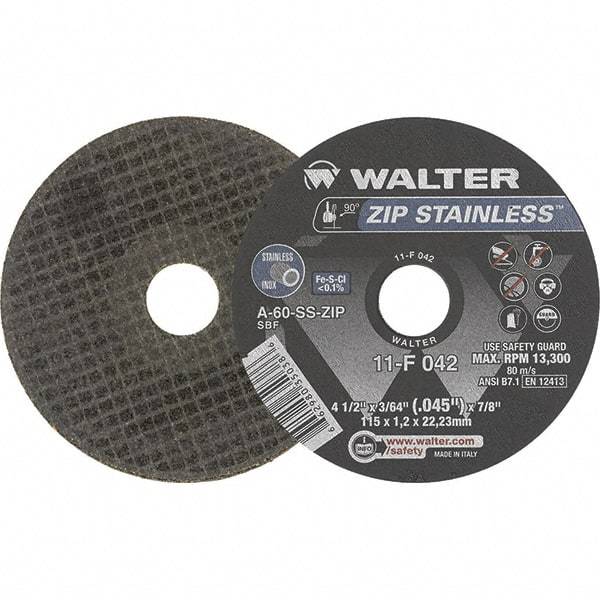 WALTER Surface Technologies - 4-1/2" Aluminum Oxide Cutoff Wheel - 0.045" Thick, 7/8" Arbor, 13,300 Max RPM, Use with Angle Grinders - Caliber Tooling