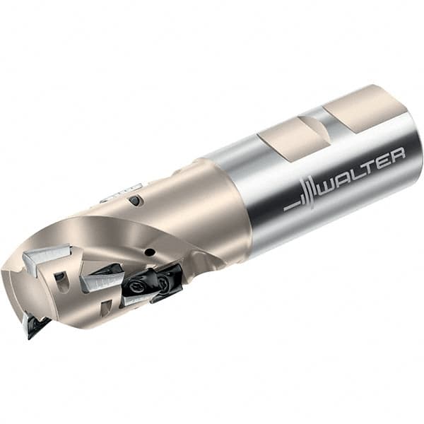 Walter - 1-1/4" Cut Diam, 1.693" Max Depth of Cut, 1-1/4" Shank Diam, 4.801" OAL, Indexable Square Shoulder Helical End Mill - Multiple Insert Styles, Weldon Shank, 90° Lead Angle, Through Coolant, Series Xtra-tec - Caliber Tooling