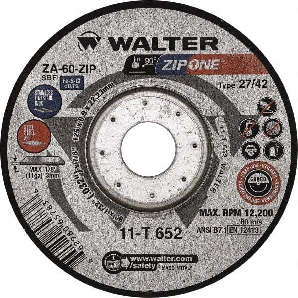 WALTER Surface Technologies - 60 Grit, 5" Wheel Diam, 1/32" Wheel Thickness, 7/8" Arbor Hole, Type 27 Depressed Center Wheel - Zirconia Alumina, Resinoid Bond, 12,200 Max RPM - Caliber Tooling