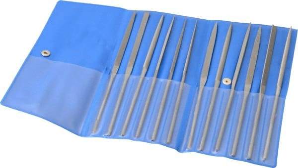 PFERD - 12 Piece Needle Pattern File Set - 6-1/4" Long, 0 Coarseness, Set Includes Flat, Hand, Crossing, Three Square, Square, Round, Half Round, Knife, Barrette, Flat with Round Edges, Crossing Oval - Caliber Tooling