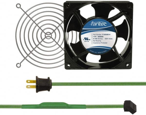 Made in USA - 115 Volts, AC, 80 CFM, Square Tube Axial Fan Kit - 0.18 Amp Rating, 120mm High x 120mm Wide x 38.5mm Deep, Includes Fan, Fan Guard, Thermostatically Controlled Fan Cord - Caliber Tooling