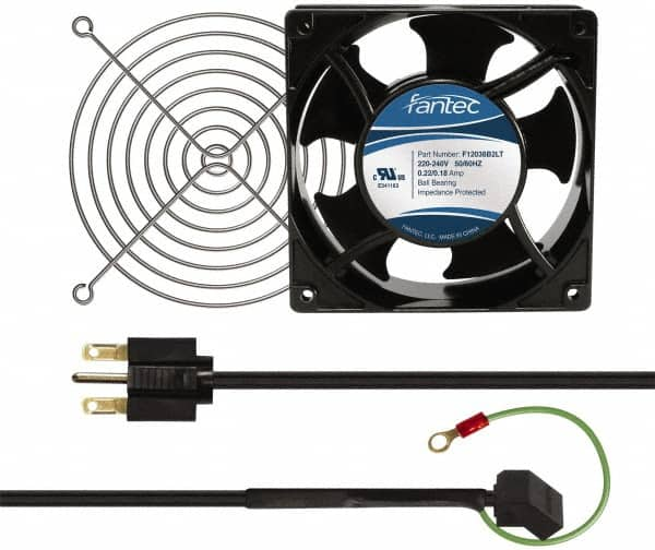 Made in USA - 230 Volts, AC, 103 CFM, Square Tube Axial Fan Kit - 0.12 Amp Rating, 120mm High x 120mm Wide x 38.5mm Deep, Includes Fan, Fan Filter, Fan Cord - Caliber Tooling