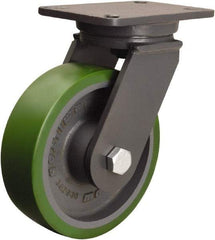 Hamilton - 8" Diam x 2-1/2" Wide x 10-1/2" OAH Top Plate Mount Swivel Caster - Polyurethane Mold onto Cast Iron Center, 2,000 Lb Capacity, Tapered Roller Bearing, 5-1/4 x 7-1/4" Plate - Caliber Tooling