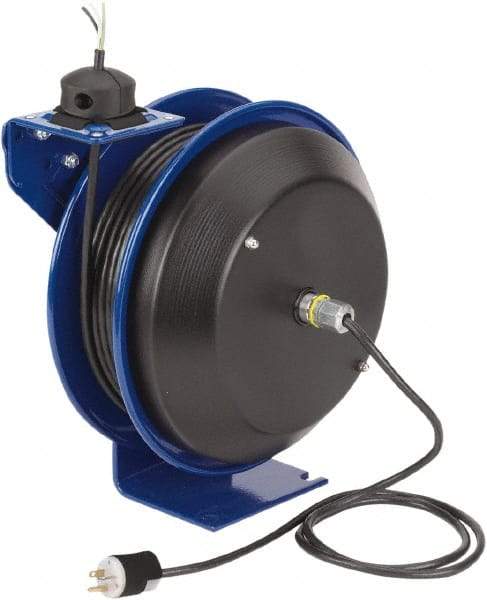 CoxReels - 16 AWG, 75' Cable Length, Cord & Cable Reel with Bare End - 0 Outlets, 13 Amps, 115 Volts, SJO Cable, Blue Reel, Spring Driven Reel - Caliber Tooling