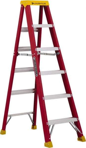 Louisville - 5 Steps, 6' High, Type IA Rating, Fiberglass Step Ladder - 300 Lb Capacity, 21-13/16" Base Width - Caliber Tooling