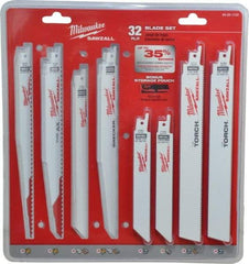 Milwaukee Tool - 32 Piece, 6" to 9" Long x 0.04" to 0.05" Thick, Bi-Metal Reciprocating Saw Blade Set - Straight Profile, 5-8 to 24 Teeth per Inch, Toothed Edge - Caliber Tooling