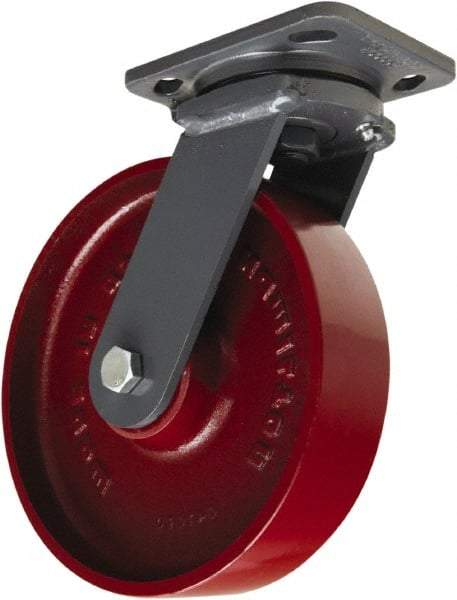 Hamilton - 8" Diam x 2" Wide x 9-1/2" OAH Top Plate Mount Swivel Caster - Cast Iron, 1,500 Lb Capacity, Sealed Precision Ball Bearing, 4 x 5" Plate - Caliber Tooling