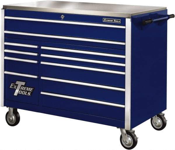 EXTREME TOOLS - 11 Drawer Steel Tool Roller Cabinet - 55" Wide x 46-3/8" High x 30" Deep, Ball Bearing Drawer Slides, Blue - Caliber Tooling