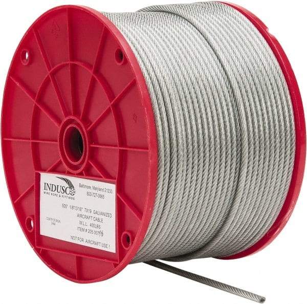 Value Collection - 3/16" x 1/8" Diam, Aircraft Cable - 2,000 Lb Breaking Strength, 7 x 19 Strand Core, Vinyl Coating - Caliber Tooling