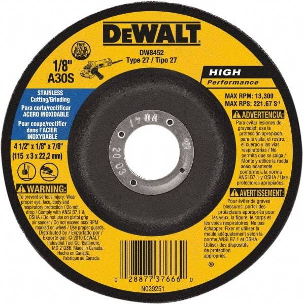 DeWALT - 30 Grit, 4-1/2" Wheel Diam, 1/8" Wheel Thickness, 7/8" Arbor Hole, Type 27 Depressed Center Wheel - Aluminum Oxide, 13,300 Max RPM, Compatible with Angle Grinder - Caliber Tooling