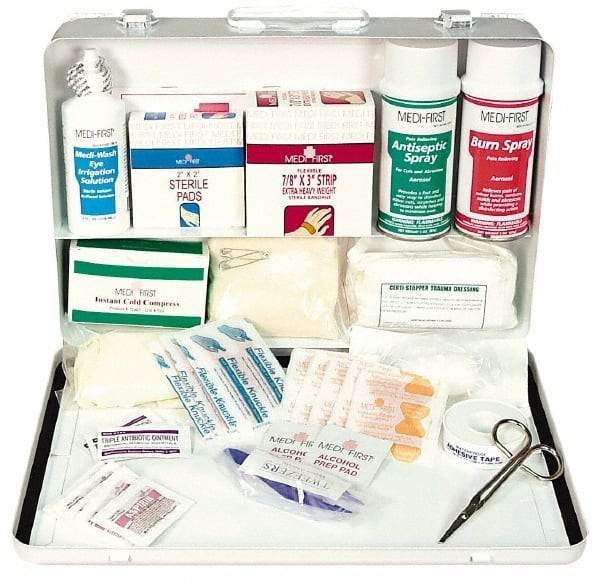 Medique - 98 Piece, 20 Person, Multipurpose/Auto/Travel First Aid Kit - 14" Wide x 3" Deep x 9-1/2" High, Metal Case - Caliber Tooling