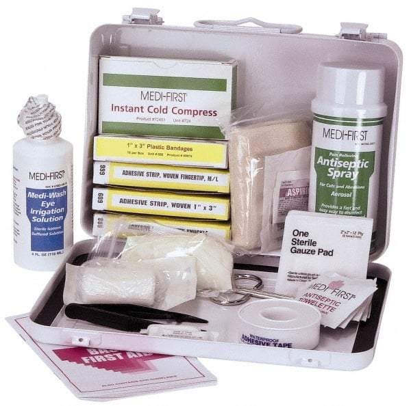 Medique - 24 Piece, 10 Person, Multipurpose/Auto/Travel First Aid Kit - 9-1/2" Wide x 2-3/4" Deep x 6-3/4" High, Metal Case - Caliber Tooling