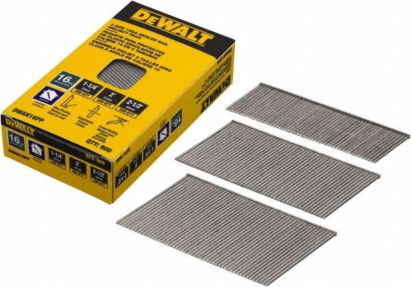 DeWALT - 16 Gauge 2-1/2" Long Finishing Nails for Power Nailers - Steel, Bright Finish, Smooth Shank, Angled Stick Collation, Round Head, Chisel Point - Caliber Tooling