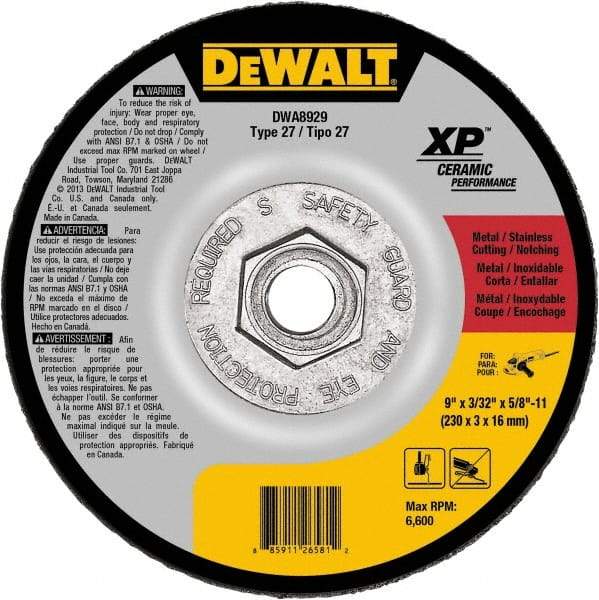 DeWALT - 24 Grit, 9" Wheel Diam, Type 27 Depressed Center Wheel - Coarse/Medium Grade, Ceramic, N Hardness, 6,600 Max RPM - Caliber Tooling