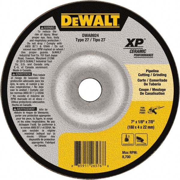 DeWALT - 24 Grit, 7" Wheel Diam, 7/8" Arbor Hole, Type 27 Depressed Center Wheel - Coarse/Medium Grade, Ceramic, N Hardness, 8,700 Max RPM - Caliber Tooling