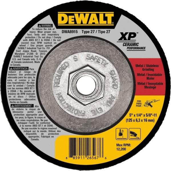 DeWALT - 24 Grit, 5" Wheel Diam, Type 27 Depressed Center Wheel - Coarse/Medium Grade, Ceramic, N Hardness, 12,200 Max RPM - Caliber Tooling