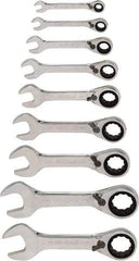 Blackhawk by Proto - 9 Piece, 1/4" to 3/4", Stubby Ratcheting Reversible Combination Wrench Set - Inch Measurement Standard, Chrome Finish, Comes in Case - Caliber Tooling