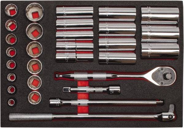 Proto - 30 Piece 1/2" Drive Chrome Finish Deep Well Socket Set - 12 Points, 3/8" to 1-1/4" Range, Inch Measurement Standard - Caliber Tooling