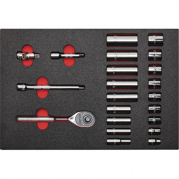 Proto - 22 Piece 3/8" Drive Chrome Finish Deep Well Socket Set - 12 Points, 3/8" to 7/8" Range, Inch Measurement Standard - Caliber Tooling