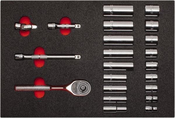 Proto - 22 Piece 3/8" Drive Chrome Finish Deep Well Socket Set - 6 Points, 3/8" to 7/8" Range, Inch Measurement Standard - Caliber Tooling