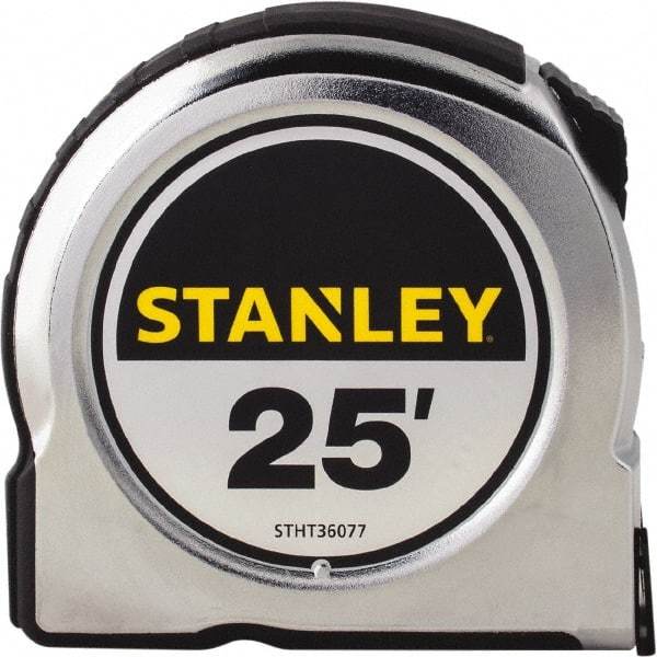 Stanley - 25' x 1" Yellow Steel Blade Tape Measure - 1/16" Graduation, Chrome ABS Plastic Case - Caliber Tooling