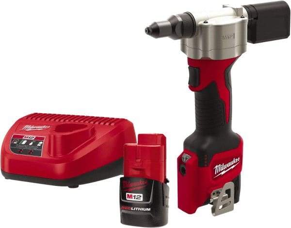 Milwaukee Tool - All up to 3/16" Closed End Rivet Capacity , 2,000 Lb Pull Force Cordless Electric Riveter - 0.8" Stroke Length, 12 Volt, Mandrel Collection, (2) 48-11-2401 Batteries Included - Caliber Tooling