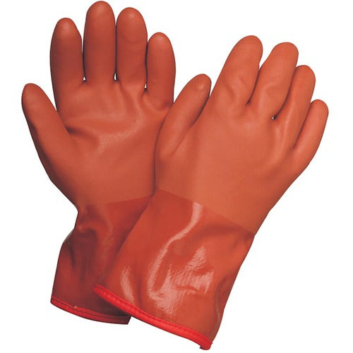 X-Large Gloves-Powercoat 12″ Double Dipped PVC With Thermal Fleece Lining And Rough Grip Orange - Caliber Tooling