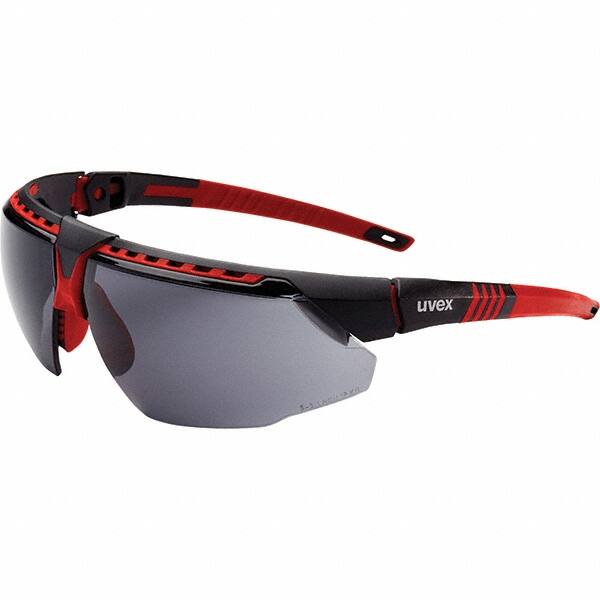 Uvex - Gray Lenses, Framed Safety Glasses - Anti-Fog, Red Frame, Adjustable Temples, Size Universal, Wrap Around - Caliber Tooling