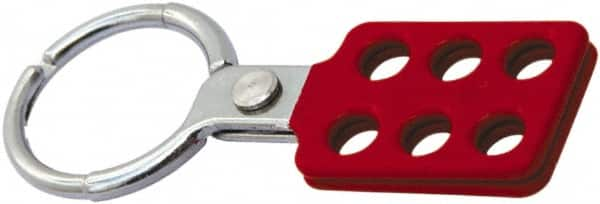 NMC - Single Jaw, 1-1/2" Jaw Diam, 6 PadLocks, Red Vinyl Insulation Aluminum Lockout Hasp - Scissor Action, 4-3/8" Long x 1-1/2" Wide, Red - Caliber Tooling