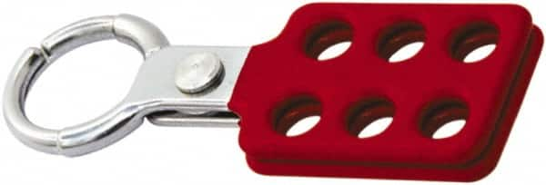 NMC - Single Jaw, 1" Jaw Diam, 6 PadLocks, Red Vinyl Insulation Aluminum Lockout Hasp - Scissor Action, 4-3/8" Long x 1-1/2" Wide, Red - Caliber Tooling