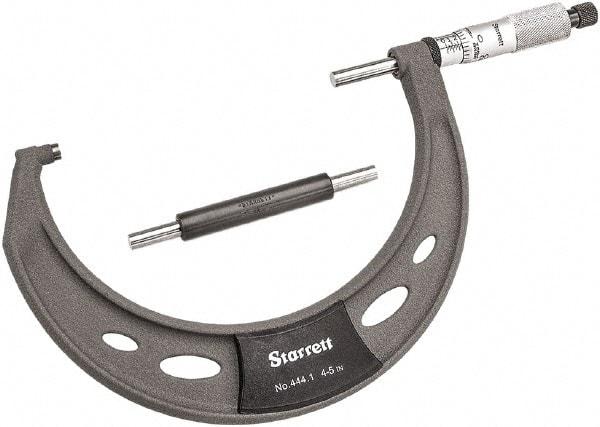 Starrett - 4 to 5" Range, 0.0001" Graduation, Mechanical Outside Micrometer - Ratchet Thimble, 2-3/4" Throat Depth, Accurate to 0.0001" - Caliber Tooling