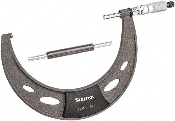 Starrett - 5 to 6" Range, 0.0001" Graduation, Mechanical Outside Micrometer - Ratchet Thimble, 3.35" Throat Depth, Accurate to 0.0001" - Caliber Tooling