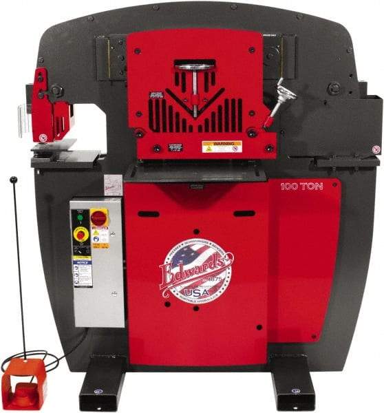 Edwards Manufacturing - 11" Throat Depth, 100 Ton Punch Pressure, 1-1/16" in 1" Punch Capacity Ironworker - 7-1/2 hp, 3 Phase, 230 Volts, 56-1/8" Wide x 61-11/16" High x 45" Deep - Caliber Tooling