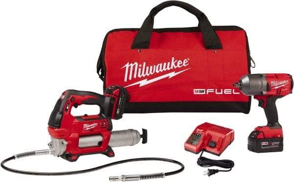 Milwaukee Tool - 1/2" Drive 18 Volt Pistol Grip Cordless Impact Wrench & Ratchet - 550/1,400/1,750 RPM, 0 to 2,100 BPM, 1,400 Ft/Lb Torque, 2 Lithium-Ion Batteries Included - Caliber Tooling