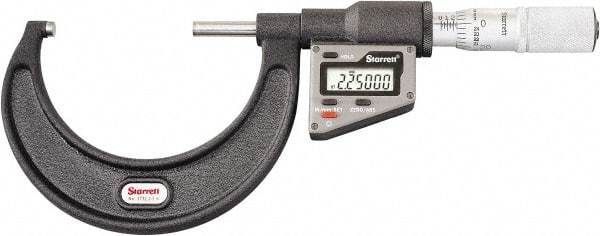 Starrett - 50.8 to 76 mm Range, 0.0001" Resolution, Standard Throat, Electronic Outside Micrometer - 0.0001" Accuracy, Friction Thimble, Micro Lapped Carbide Face, CR2450 Battery, Includes 3V Battery - Caliber Tooling