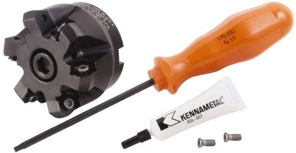 Kennametal - 2" Cut Diam, 3/4" Arbor Hole, 3.23mm Max Depth of Cut, 45° Indexable Chamfer & Angle Face Mill - 6 Inserts, HNGJ 0604... Insert, Right Hand Cut, 6 Flutes, Through Coolant, Series Dodeka Mini - Caliber Tooling