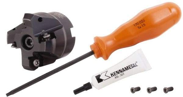 Kennametal - 1" Cut Diam, 1/2" Arbor Hole, 3.23mm Max Depth of Cut, 45° Indexable Chamfer & Angle Face Mill - 4 Inserts, HNGJ 0604... Insert, Right Hand Cut, 4 Flutes, Through Coolant, Series Dodeka Mini - Caliber Tooling