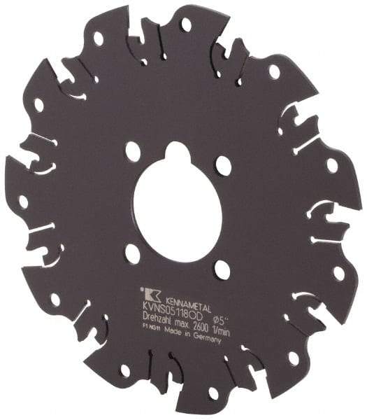 Kennametal - Arbor Hole Connection, 1/8" Cutting Width, 1-3/8" Depth of Cut, 5" Cutter Diam, 1-1/4" Hole Diam, 11 Tooth Indexable Slotting Cutter - KVNS Toolholder, OD 3118.. Insert - Caliber Tooling