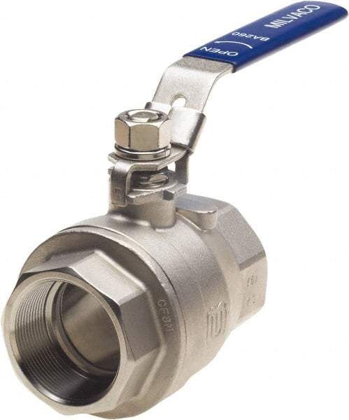 Milwaukee Valve - 2" Pipe, Full Port, Stainless Steel Standard Ball Valve - 2 Piece, Threaded (NPT) Ends, Locking Lever Handle, 1,000 WOG, 150 WSP - Caliber Tooling