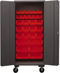 Durham - 30 Bin Mobile Storage Cabinet - Steel, 36" Wide x 24" Deep x 80" High, Red - Caliber Tooling