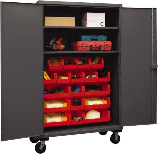 Durham - 2 Shelf 18 Bin Mobile Storage Cabinet - Steel, 48" Wide x 24" Deep x 80" High, Red - Caliber Tooling