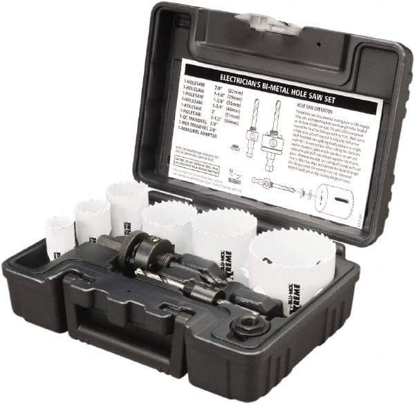 Disston - 9 Piece, 7/8" to 2-1/2" Saw Diam, Electrician's Hole Saw Kit - Bi-Metal, Toothed Edge, Pilot Drill Model No. E0102457, Includes 6 Hole Saws - Caliber Tooling