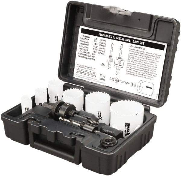 Disston - 9 Piece, 3/4" to 2-1/4" Saw Diam, Plumber's Hole Saw Kit - Bi-Metal, Toothed Edge, Pilot Drill Model No. E0102457, Includes 6 Hole Saws - Caliber Tooling