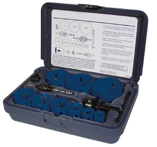 Disston - 7 Piece, 7/8" to 1-1/2" Saw Diam, General Purpose Hole Saw Kit - Bi-Metal, Toothed Edge, Pilot Drill Model No. E0102457, Includes 5 Hole Saws - Caliber Tooling