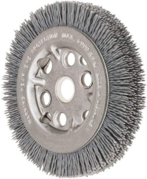 Weiler - 4-1/4" OD, 5/8" Arbor Hole, Crimped Nylon Wheel Brush - 3/4" Face Width, 5/8" Trim Length, 0.035" Filament Diam, 6,000 RPM - Caliber Tooling