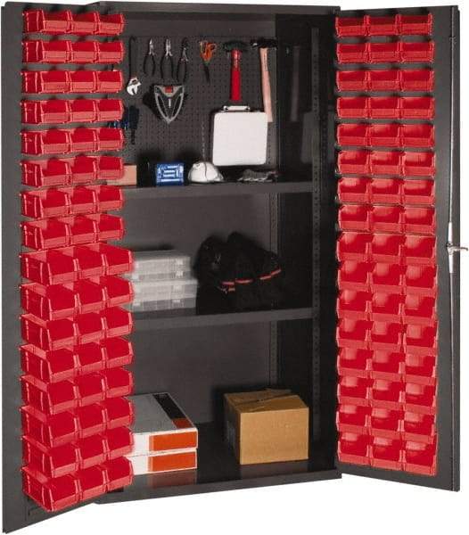 Durham - 2 Shelf 96 Bin Storage Cabinet - Steel, 36" Wide x 24" Deep x 72" High, Red - Caliber Tooling