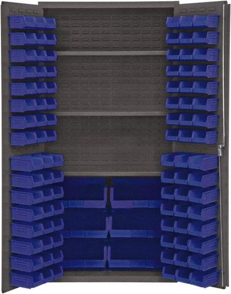 Durham - 3 Shelf 102 Bin Storage Cabinet - Steel, 36" Wide x 24" Deep x 72" High, Blue - Caliber Tooling