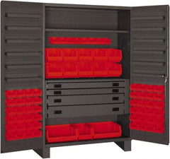 Durham - 2 Shelf 69 Bin Storage Cabinet - Steel, 48" Wide x 24" Deep x 78" High, Red - Caliber Tooling