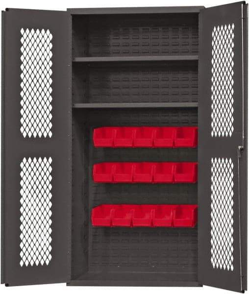 Durham - 2 Shelf 15 Bin Storage Cabinet - Steel, 36" Wide x 24" Deep x 72" High, Red - Caliber Tooling